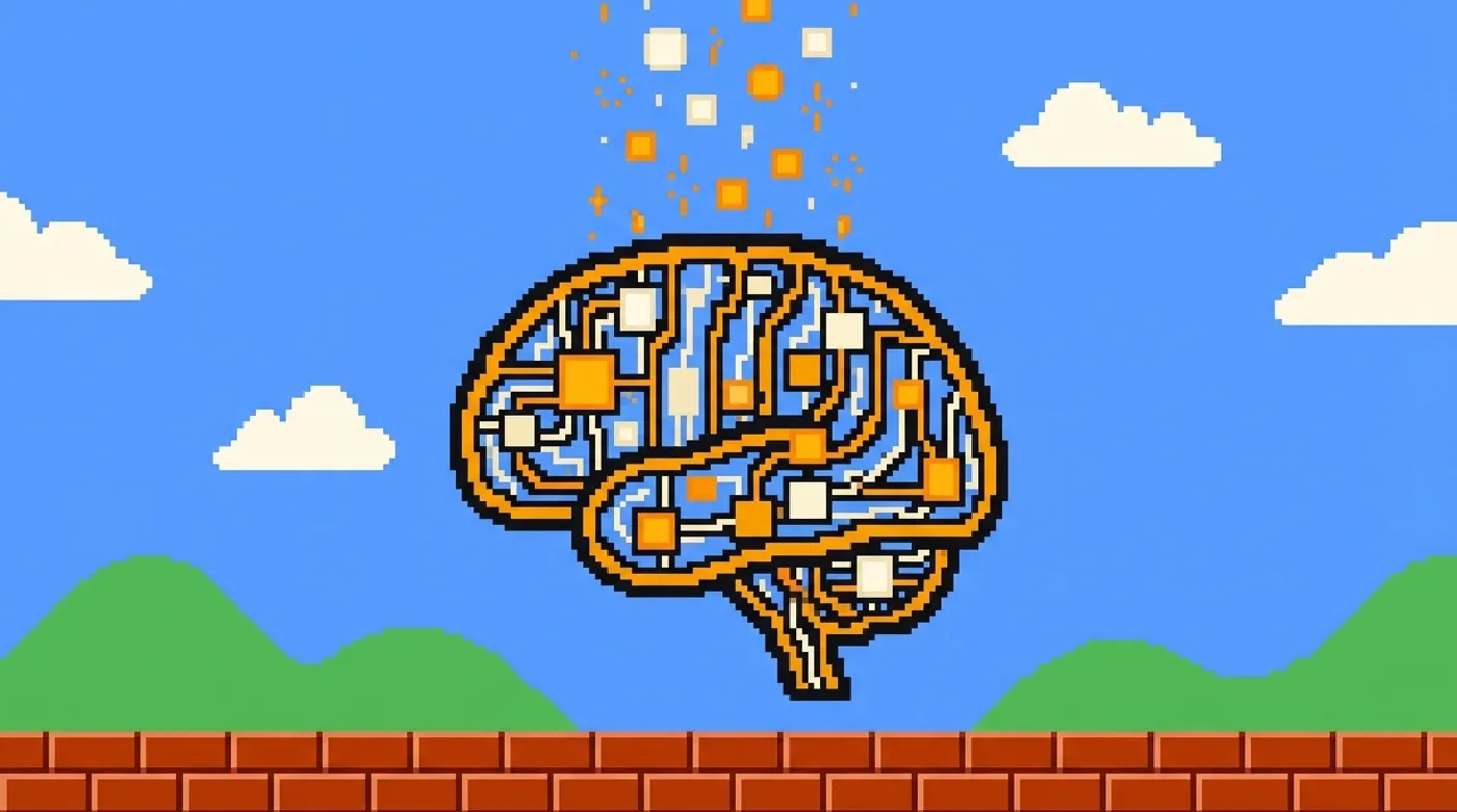 Pixel art of a brain drawn as a circuit, floating over green hills and a brick ground, with square tokens and sparks streaming out of it into a blue sky