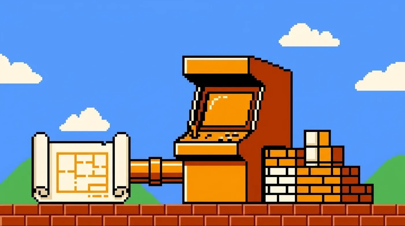 Pixel art of a blueprint feeding through a pipe into an arcade machine, with a neat stack of bricks coming out the other side